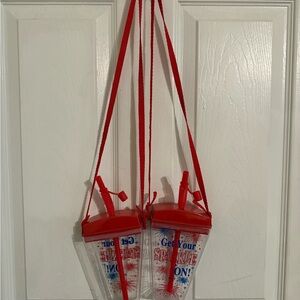 Red and Clear Drink Tumblers with Straws and Straps